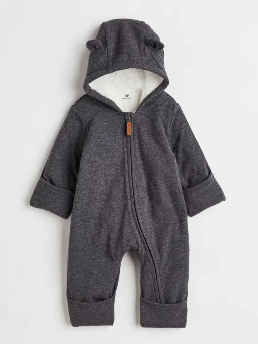 H&M Baby Hooded Sherpa Pram Suit Gray 2-4 Months Bear Ears Organic Cotton Buntin